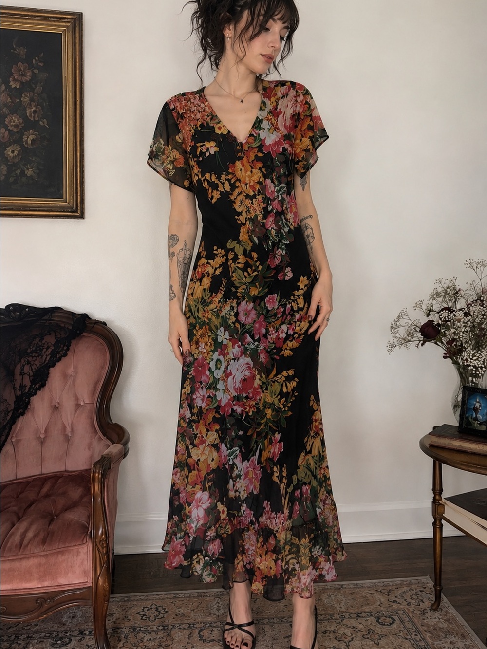 Vtg 90s Y2K Floral Bias Cut Midi / Maxi Dress Black Dark Romantic Whimsigoth M